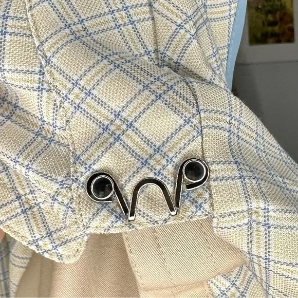 NWT Avec Les Filles Tan and Blue Plaid patchwork Trenchcoat Medium - Picture 16 of 16